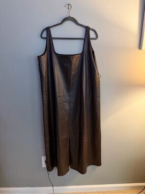 Women's Black Faux Leather Midi Slip Dress
